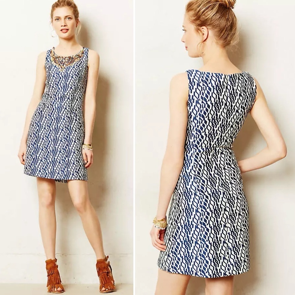 Anthropologie Moulinette Soeurs Mulberry Road Beaded Dress 6 blue print sheath